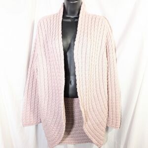 Aran Crafts Women's 100% Merino Wool Open Longline Cardigan Sweater Pink Sz L